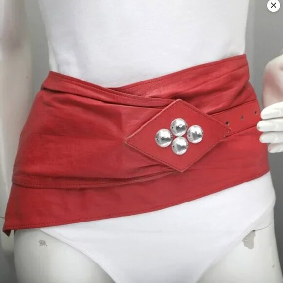 Vintage 80s Wide Red Leather Wrap Belt High Waist Corset Cinch Statement Gems - Picture 2 of 16